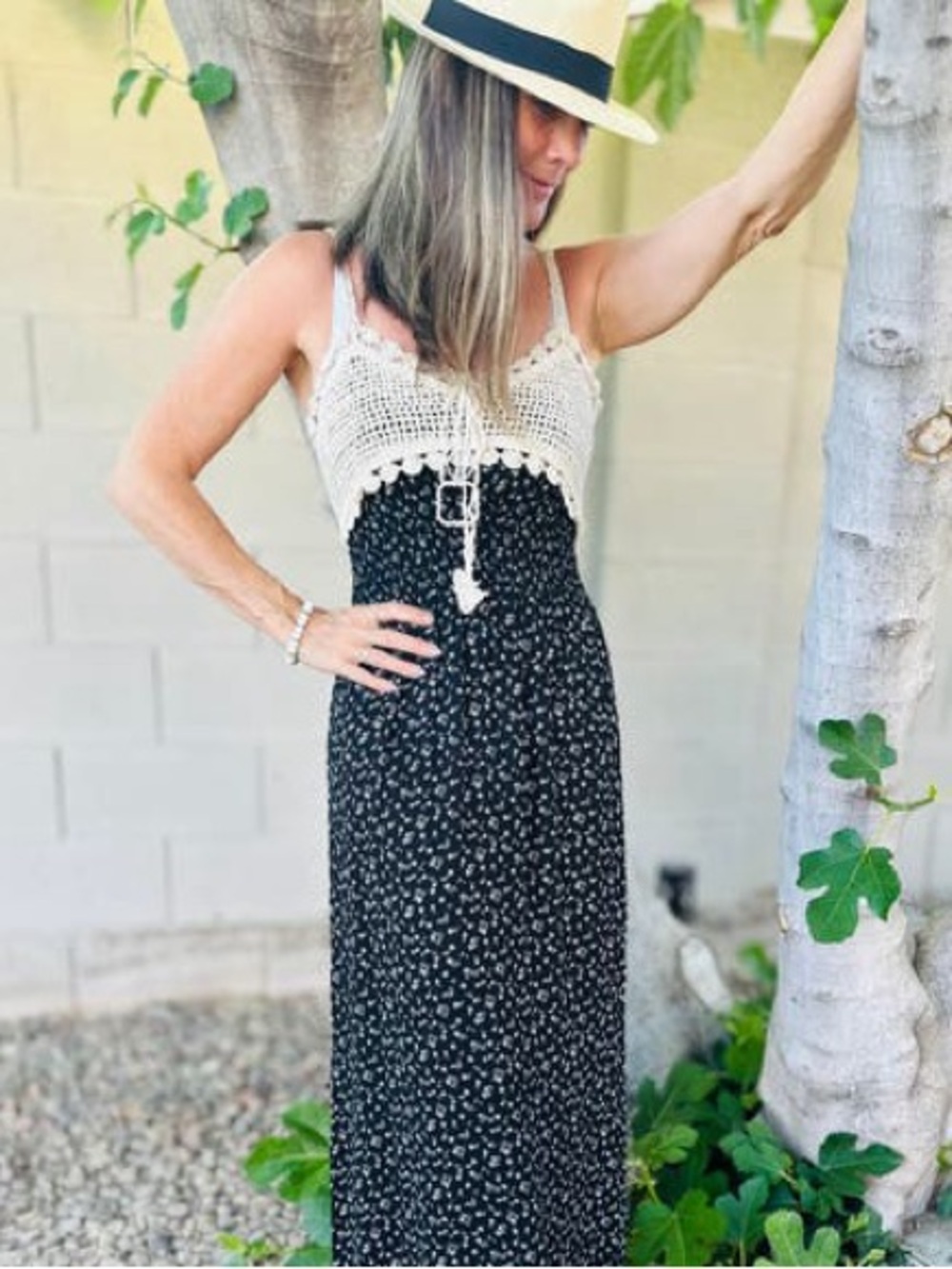 Timing Black Floral Maxi Skirt with Cream Crochet Waist
